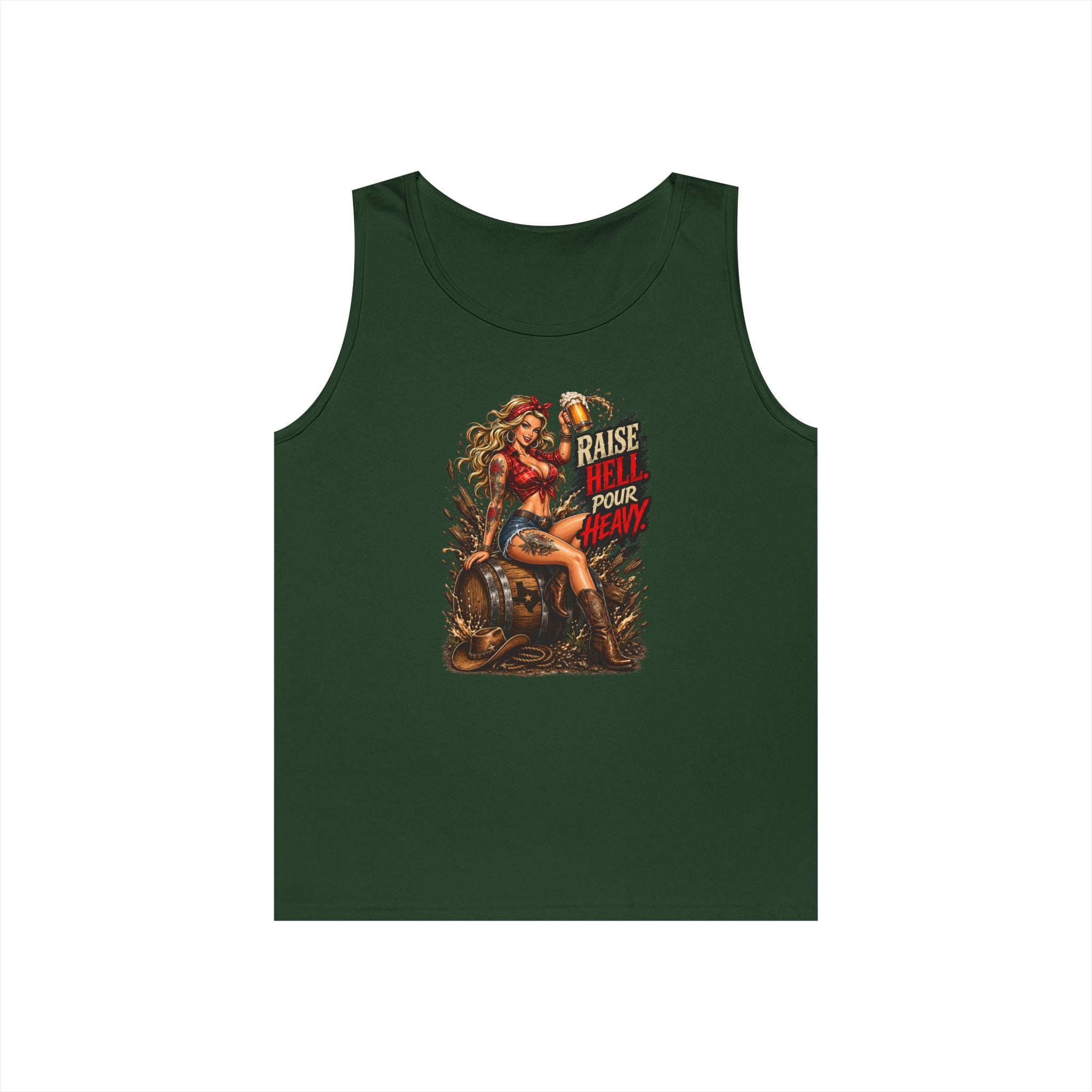 Pinup Biker Tank Top – "Raise Hell, Pour Heavy" Vintage Motorcycle Graphic