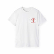 white unisex t-shirt with red skull and text design neckline and short sleeves pennywise clown theme