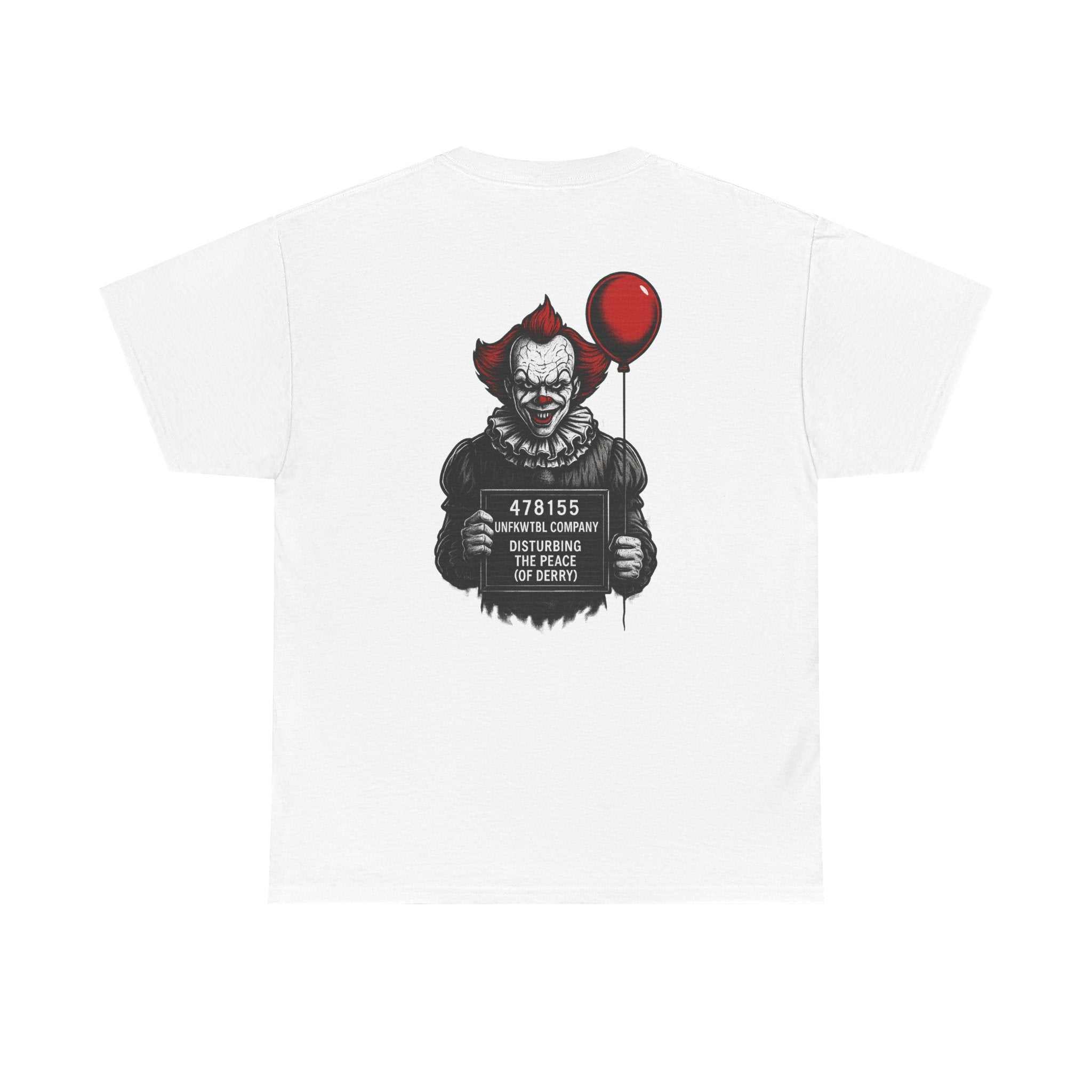 Pennywise criminal photo graphic on unisex heavy cotton t-shirt for horror fans and Halloween enthusiasts