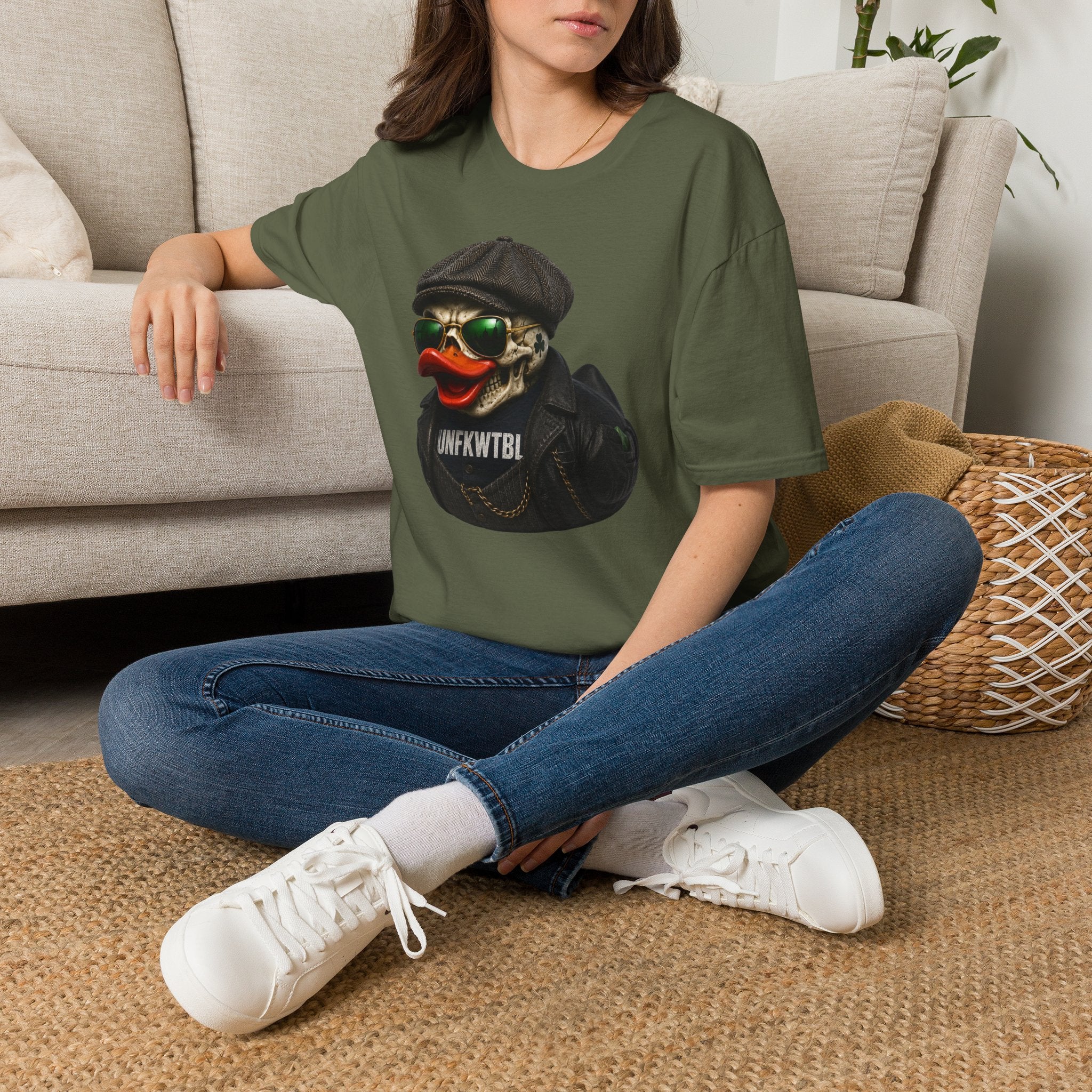 Skull Duck Graphic T-Shirt — Retro Biker Hat & Aviator Sunglasses Design