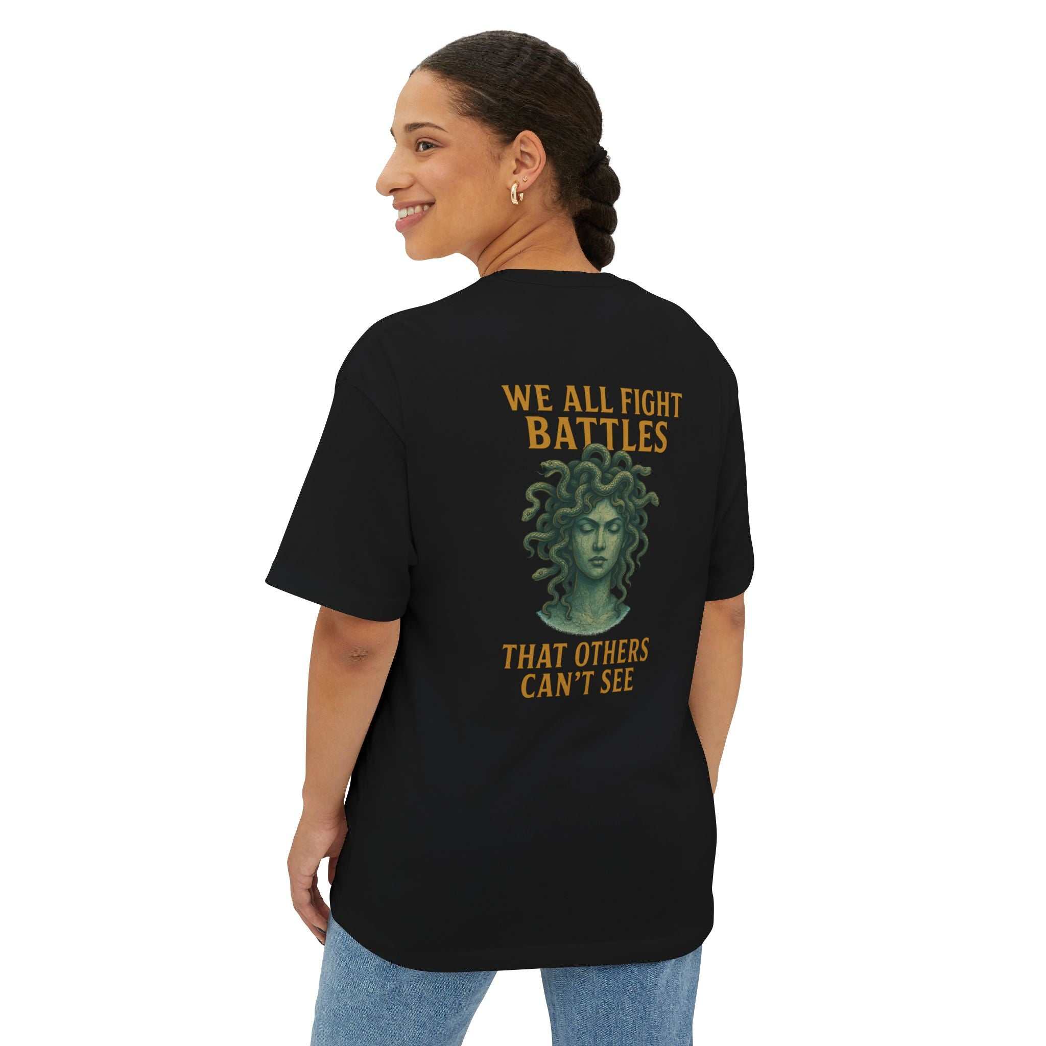 Unisex oversized boxy tee with relaxed fit and Medusa inspirational design