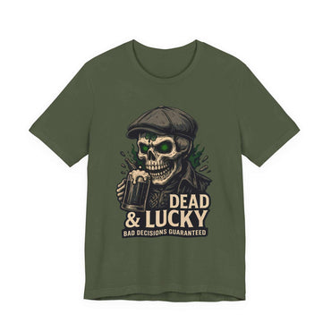 Dead & Lucky Skull Tee with grinning skull and frothy mug graphic on lightweight cotton t-shirt
