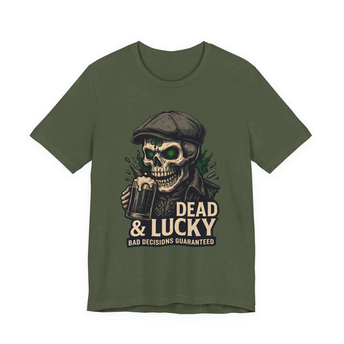 Dead & Lucky Skull Tee with grinning skull and frothy mug graphic on lightweight cotton t-shirt