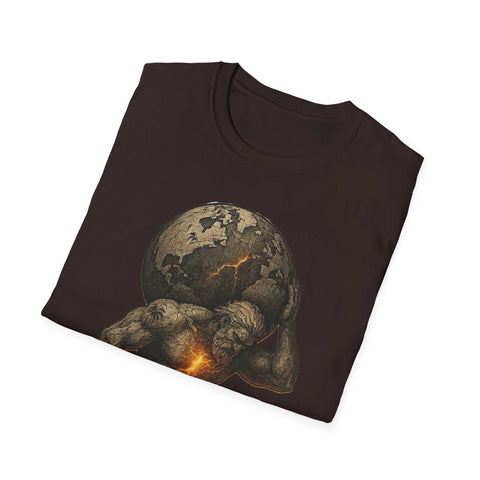 Atlas Strength Unisex Softstyle T-Shirt featuring bold graphic of Atlas carrying cracked glowing Earth on dark fabric, soft 100% cotton casual tee.