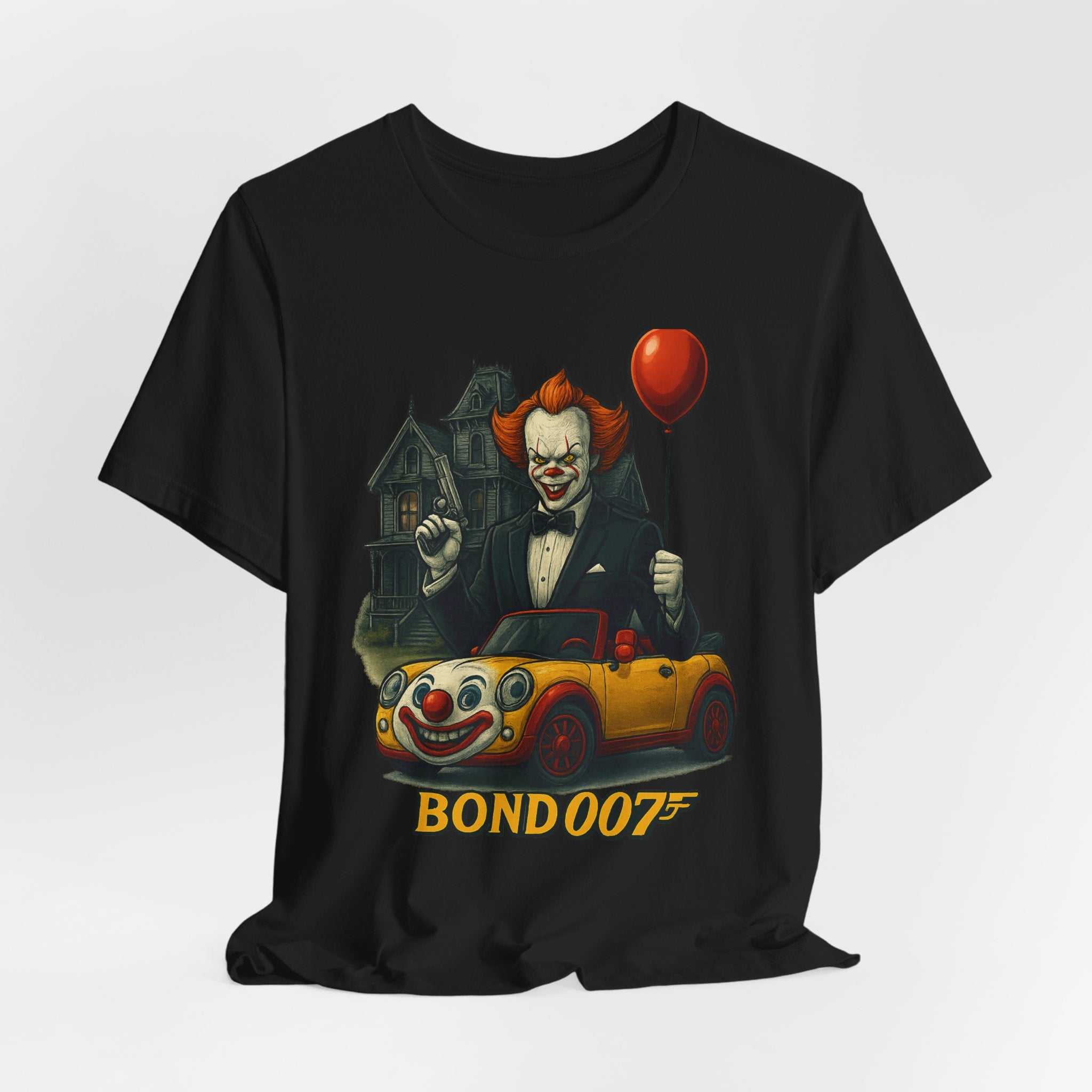 Clown Spy Thriller Tee — "Bond 007" Horror Car Balloon Graphic T-Shirt