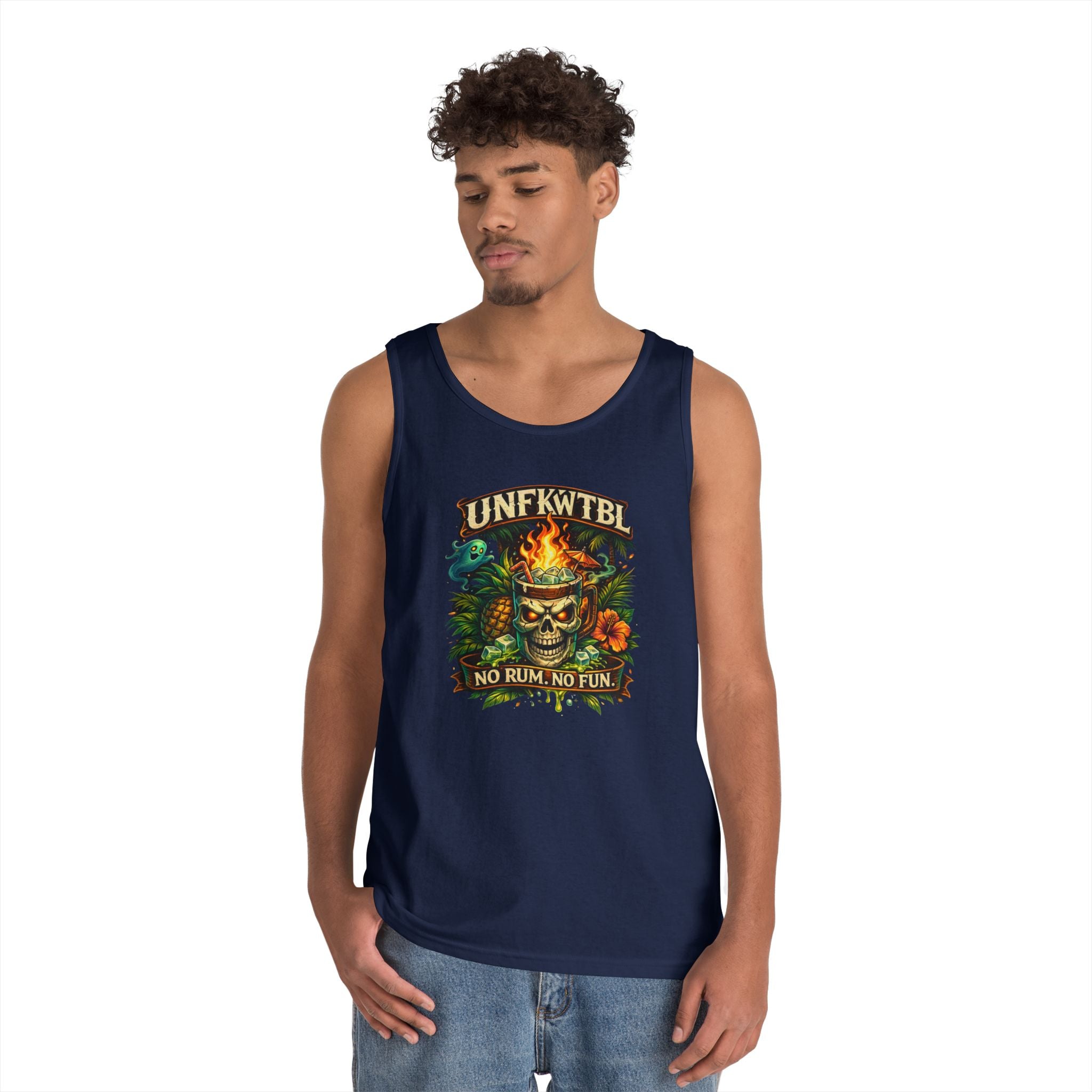 Tiki Skull Tank Top — “No Rum, No Fun” Tropical Beach Party Graphic Tank