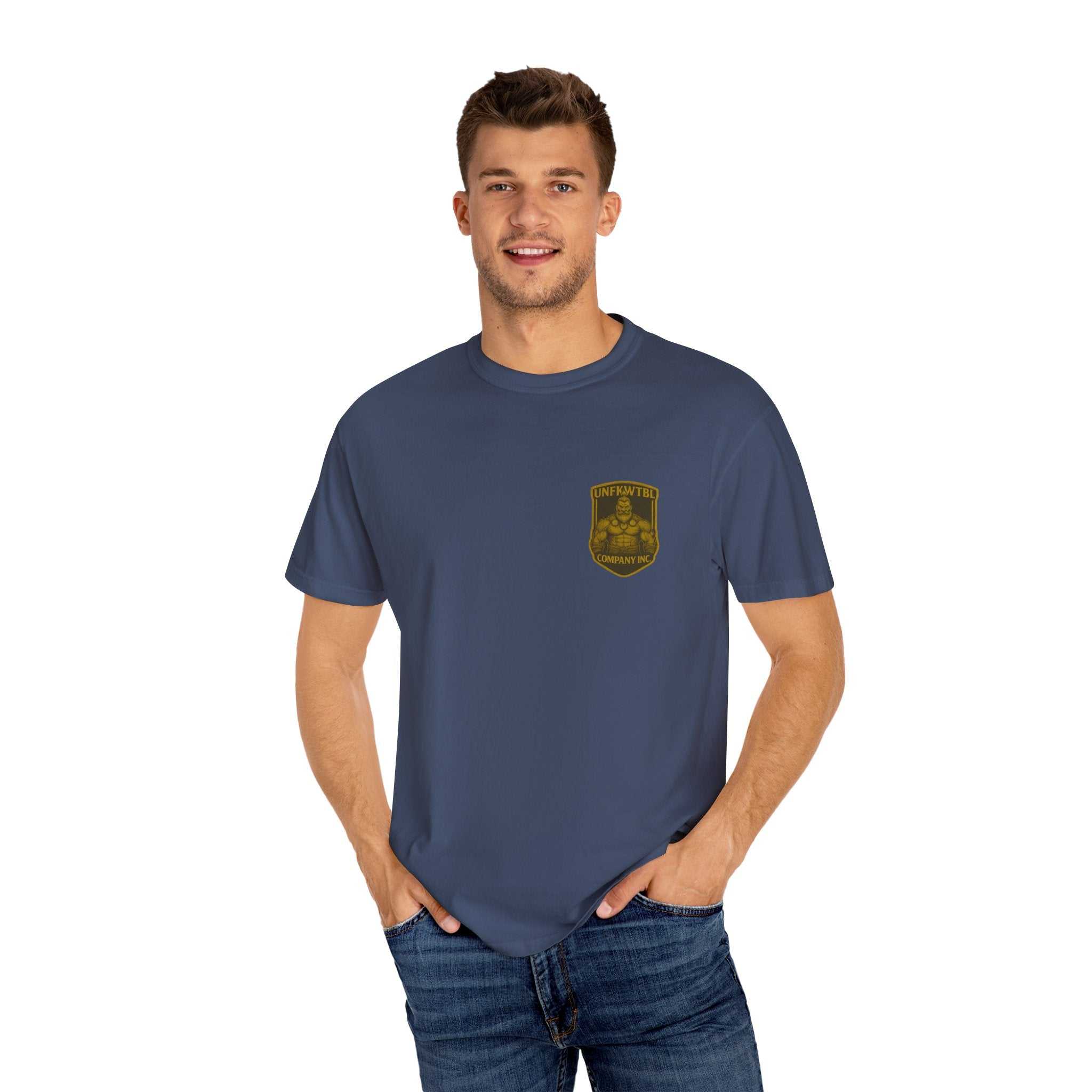 Man wearing navy Death Angel Wings protector of the dead unisex tee made of 100% US cotton with a relaxed fit