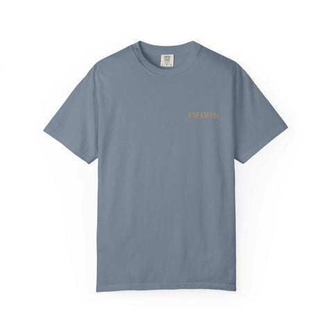 Medusa Beauty unisex blue T-shirt with small strawberry daiquiri inspired design and crew neckline