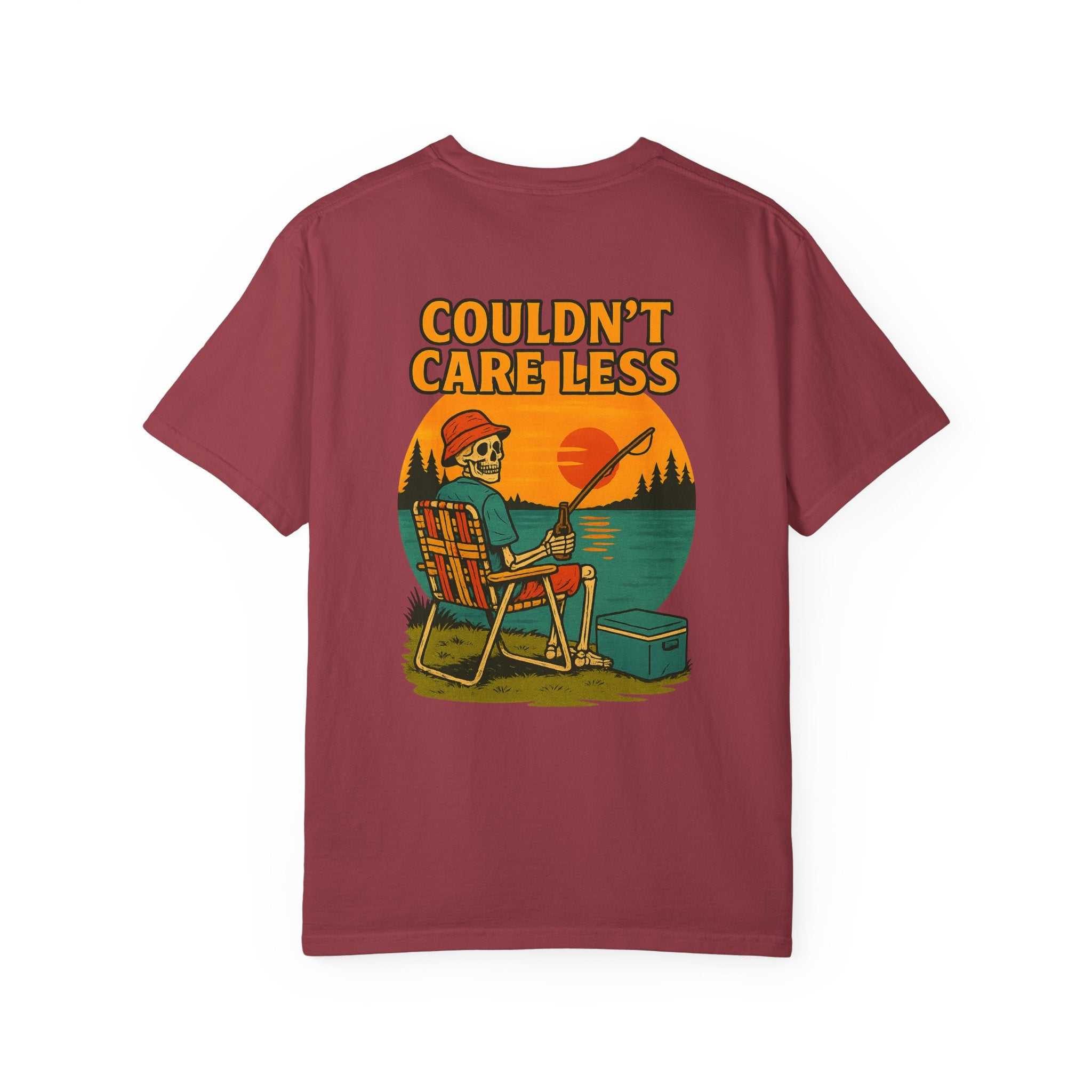 Couldn't Care Less T-Shirt — Retro Skeleton Fishing Graphic Tee
