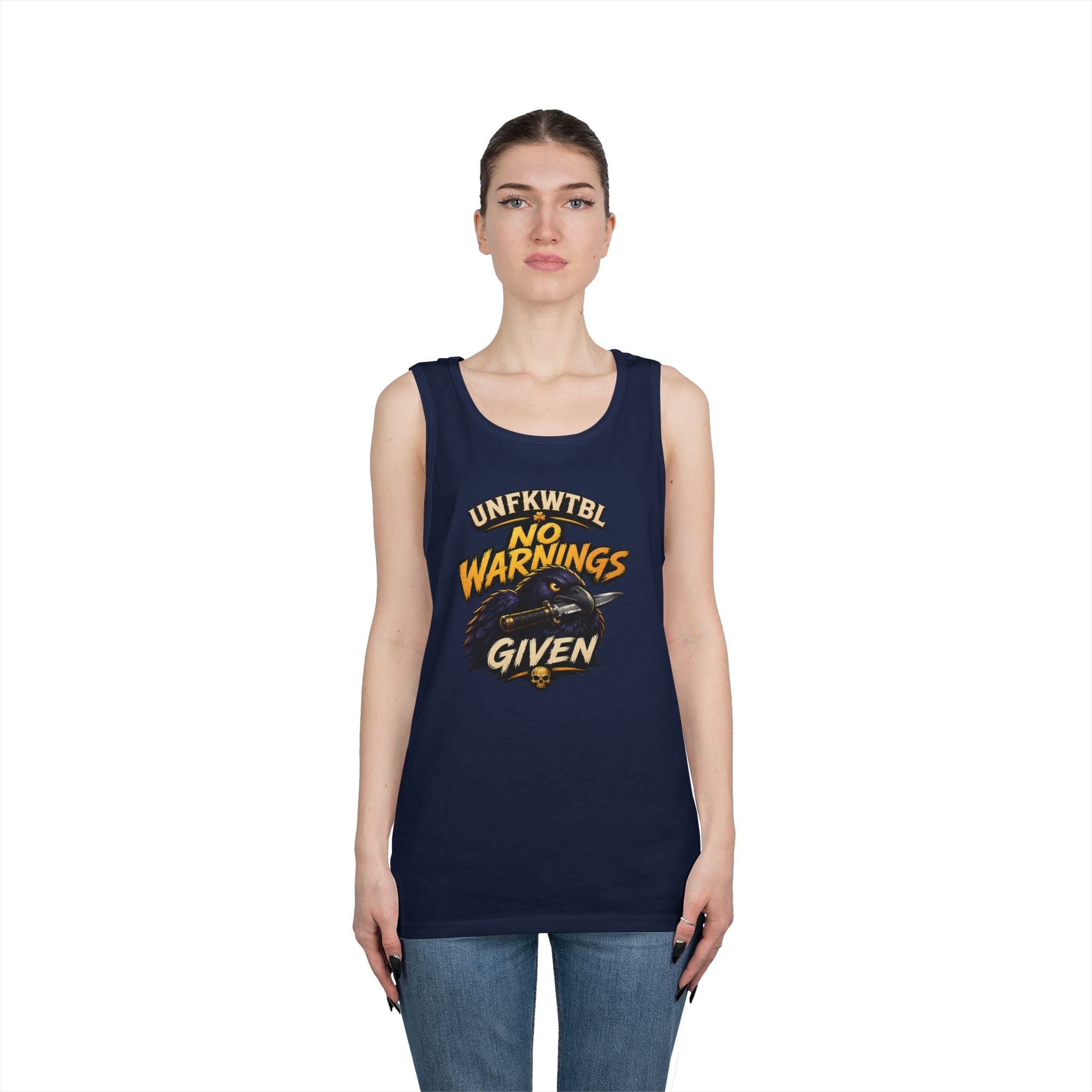 Tank Top — "No Warnings Given" Vintage Motorcycle Rider Graphic