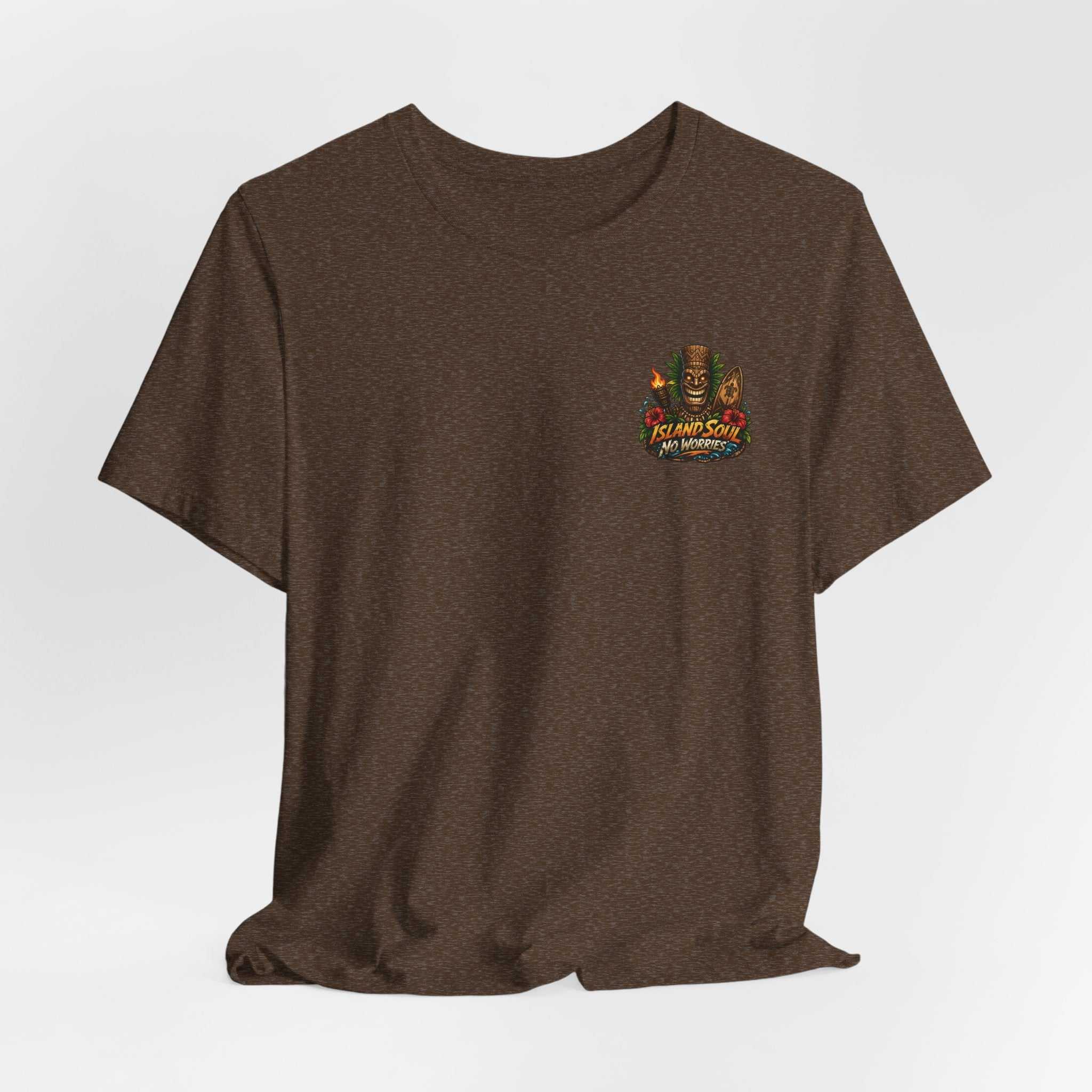 Tropical Tiki Tee with tiki, hibiscus flowers, and waves design for island-inspired summer style