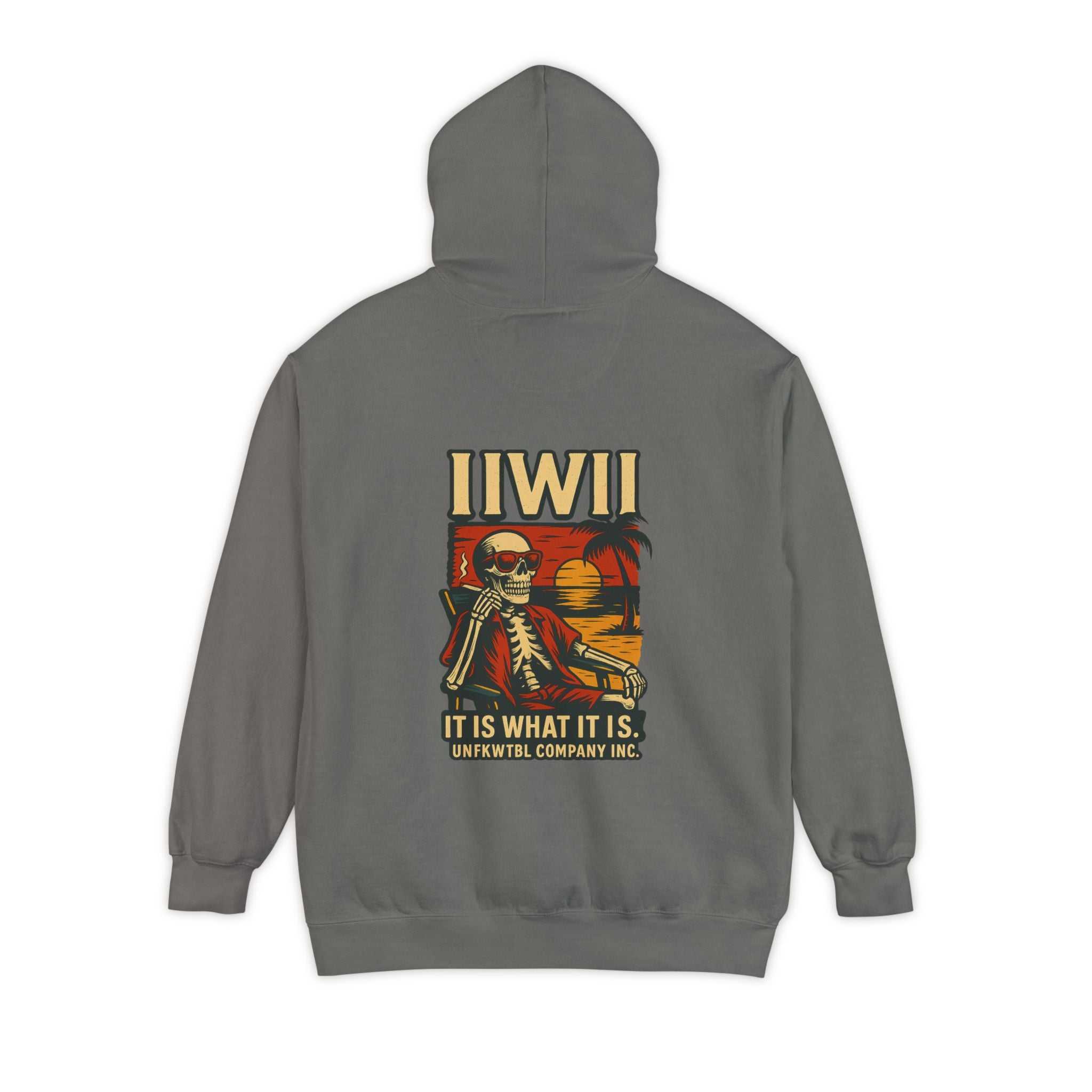 Unisex garment-dyed hoodie with skeleton graphic, relaxed fit, 80% cotton, 20% polyester, heavy fabric and comfortable design