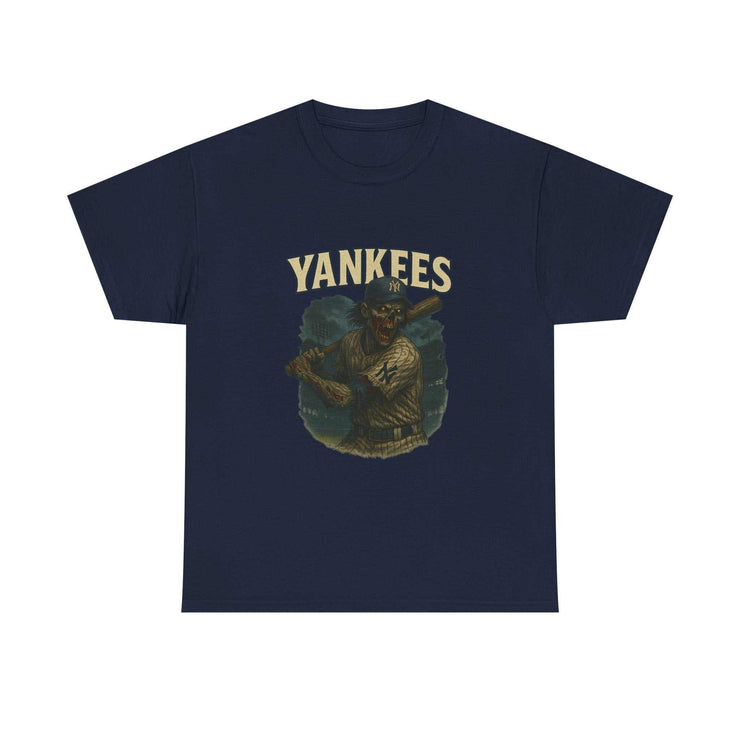 Navy blue zombie baseball tee with Yankees vintage design printed on front