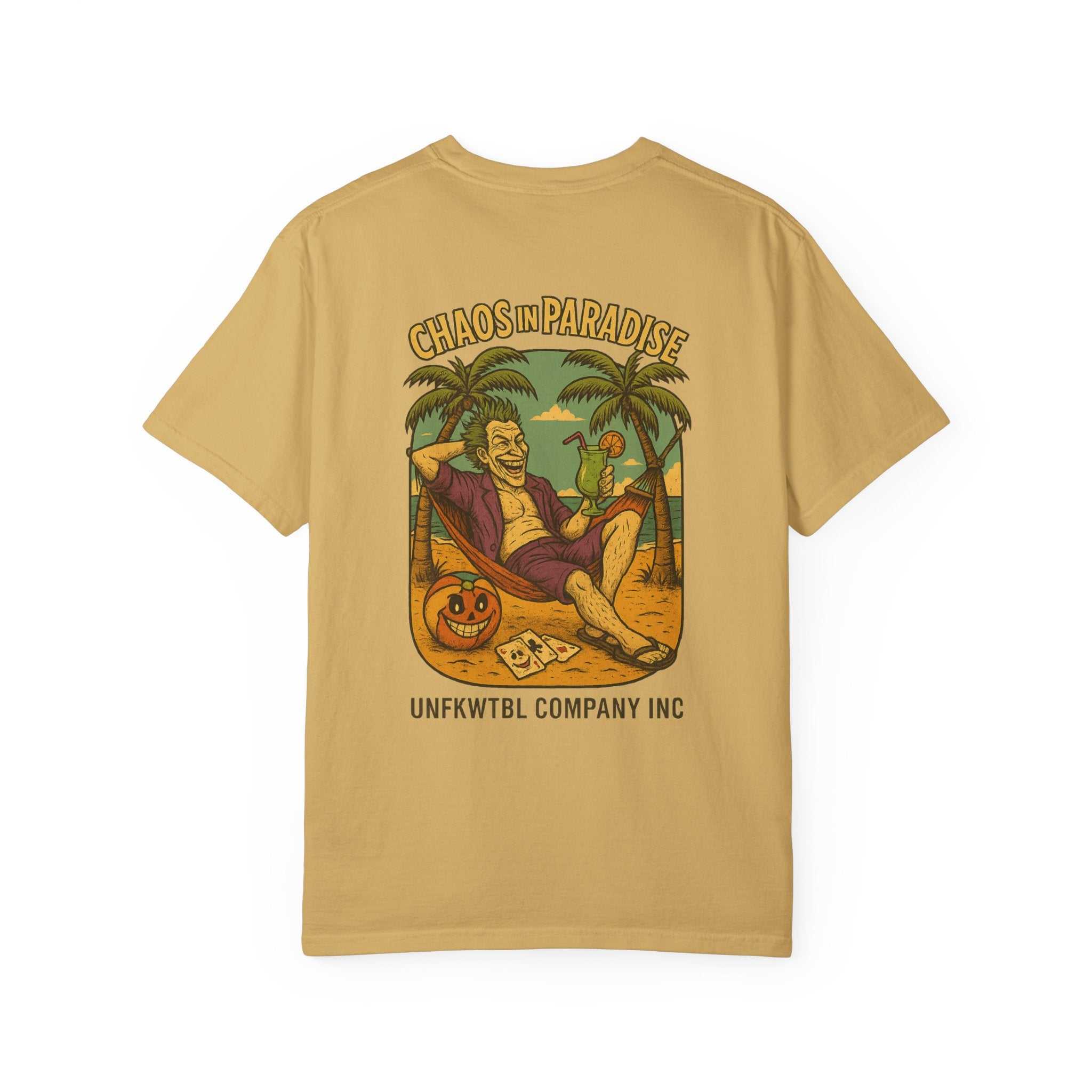 Unisex tropical humor t-shirt with relaxed fit, garment-dyed soft color, and beach-themed graphic print perfect for casual summer wear and vacation attire