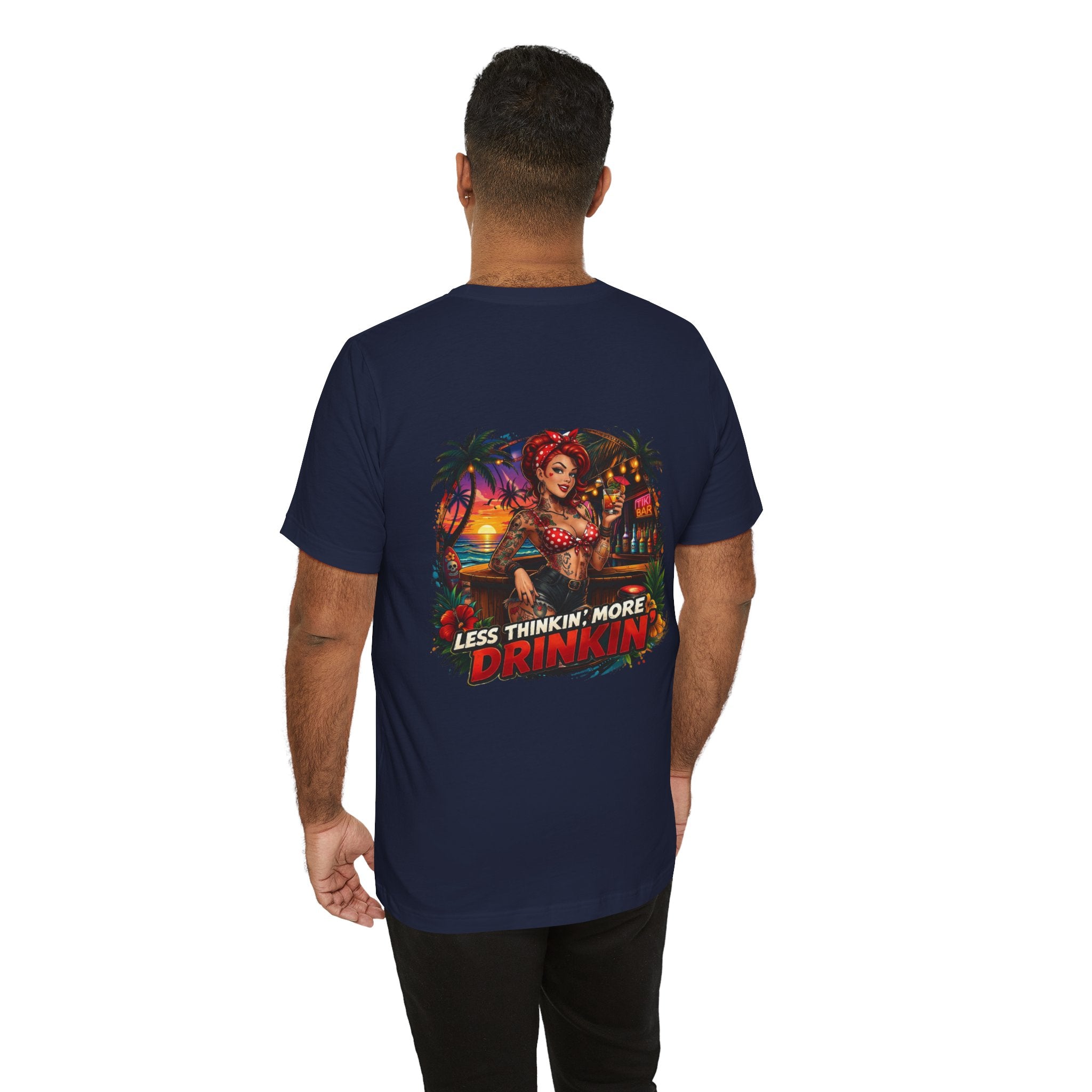 Beach Pinup T‑Shirt — "Less Thinkin', More Drinkin'" Retro Tropical Tee