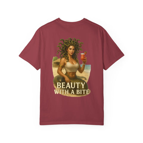 Medusa Beauty T-shirt with strawberry daiquiri design and "Beauty with a Bite" text on maroon fabric