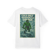 White Savage Spirit Graphic T-Shirt with vintage style green savage character print on back, unisex casual wear.