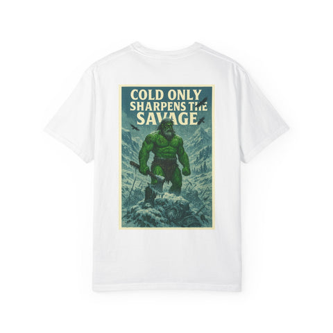White Savage Spirit Graphic T-Shirt with vintage style green savage character print on back, unisex casual wear.