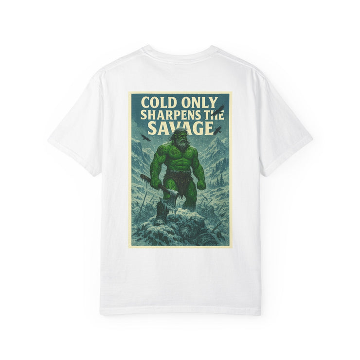 White Savage Spirit Graphic T-Shirt with vintage style green savage character print on back, unisex casual wear.