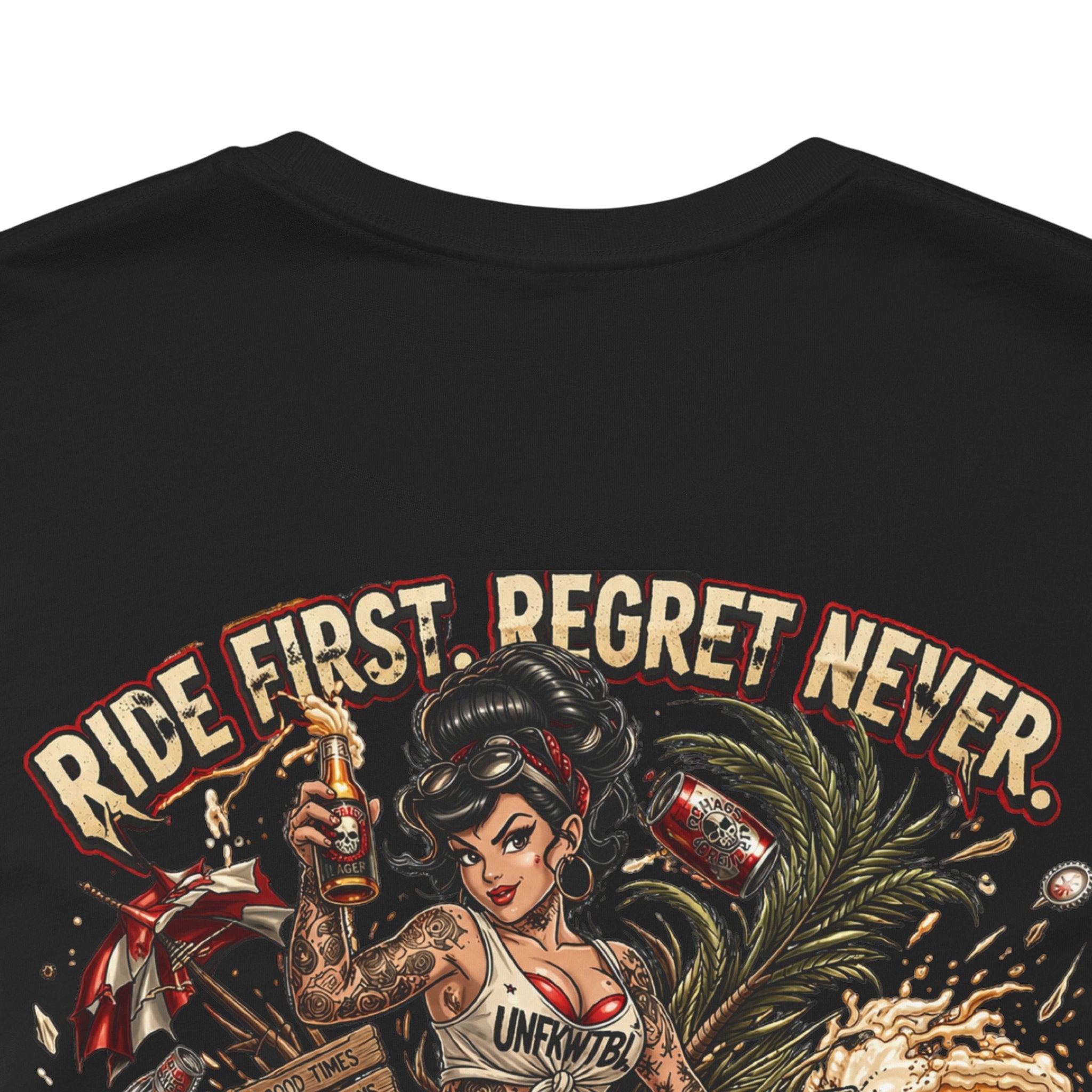 Ride First Regret Never Tee — Vintage Pinup Bomb Girl Motorcycle Graphic Shirt
