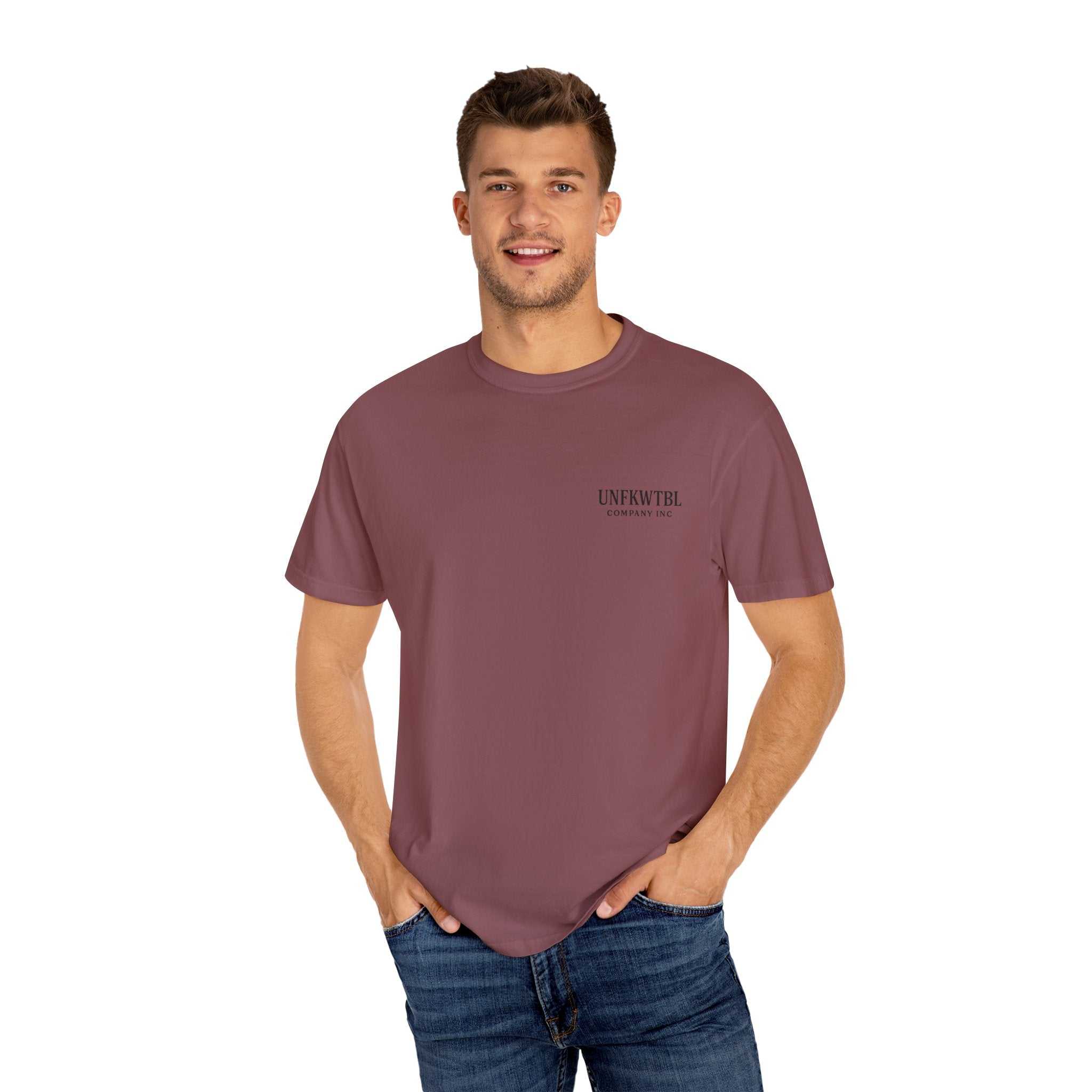 Man wearing steel-colored unisex Steel and Silence T-shirt with relaxed fit and crew neckline