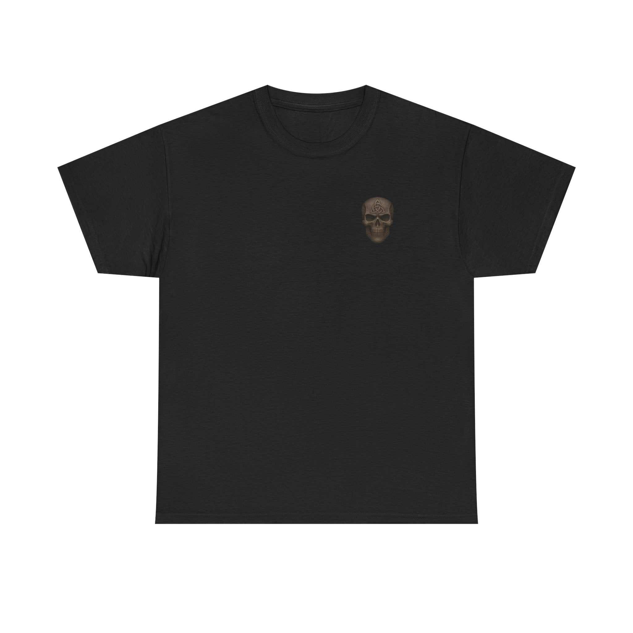 Black unisex heavy cotton tee with small skull graphic, durable and comfortable everyday wear shirt