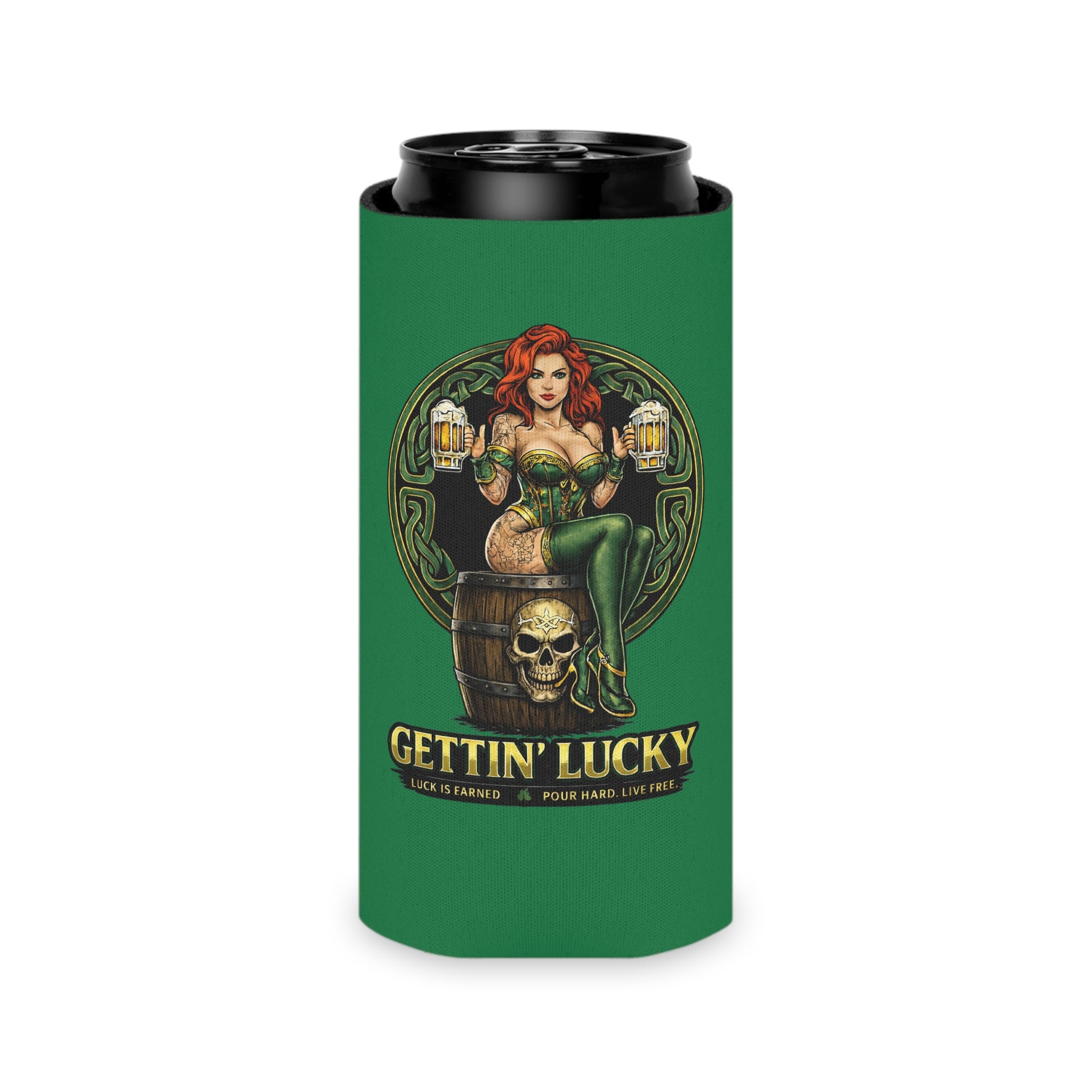 Gettin' Lucky / Stay Cold Can Cooler — St. Patrick's Day Pinup Beer Koozie