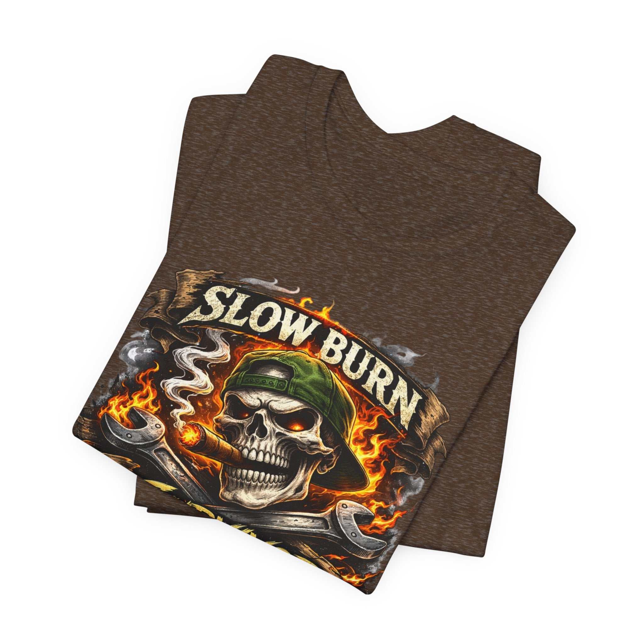 Slow Burn Survivor T‑Shirt — Skull Flame Vintage Motorcycle Tee