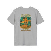 Grey unisex Thor 'Still Brings the Thunder' T-shirt with tropical graphic and text on back