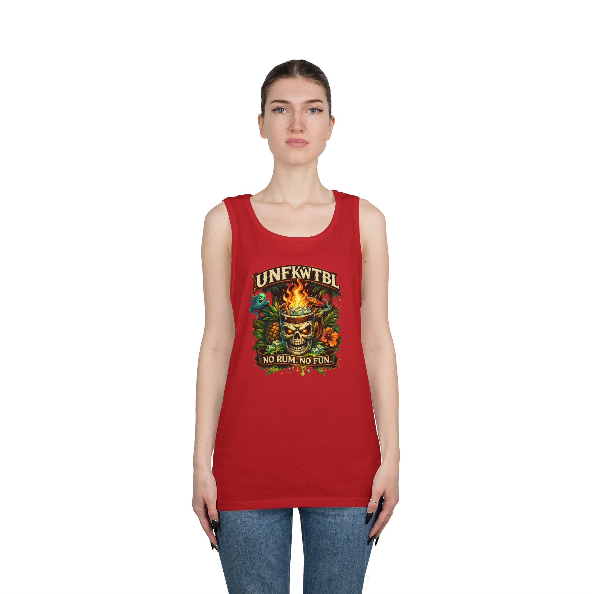 Tiki Skull Tank Top — “No Rum, No Fun” Tropical Beach Party Graphic Tank
