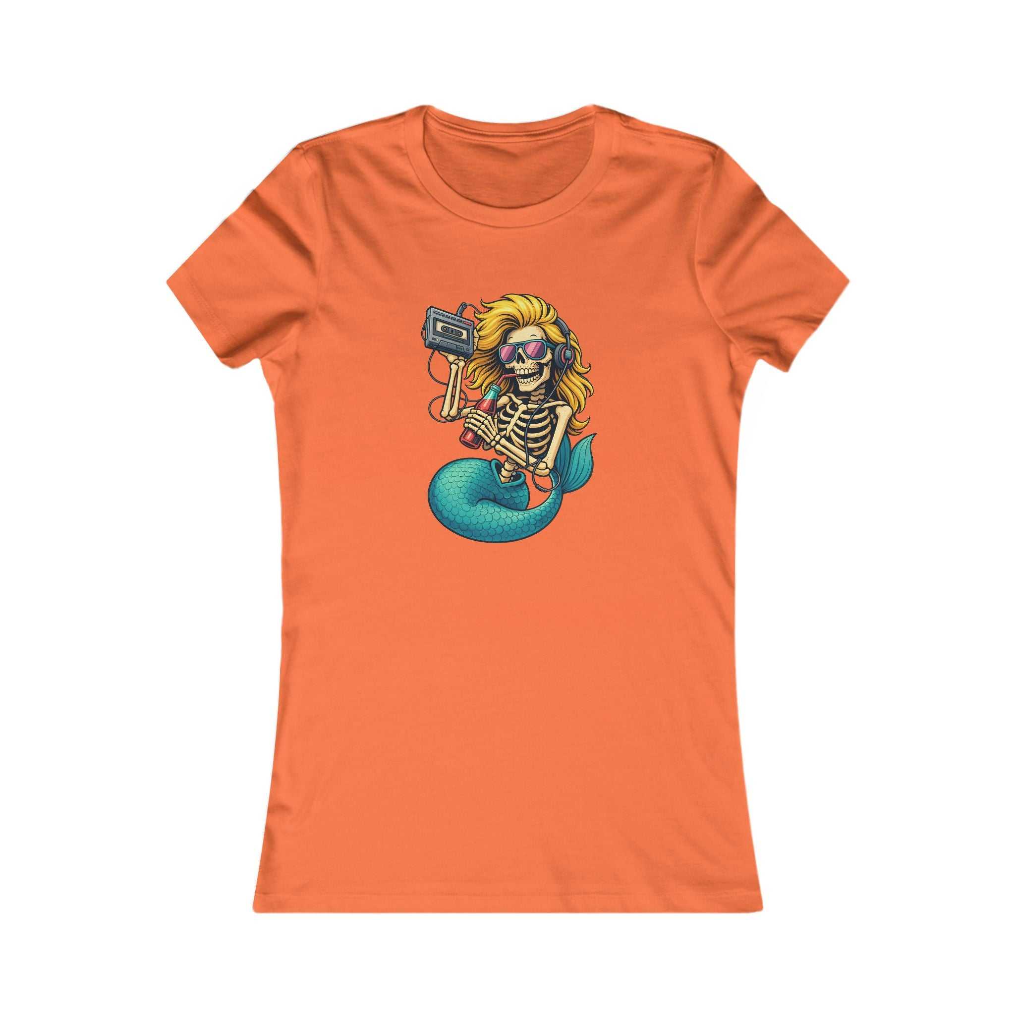Women's Mermaid Skull Tee with edgy surfing skeleton graphic and mermaid accents on soft cotton shirt