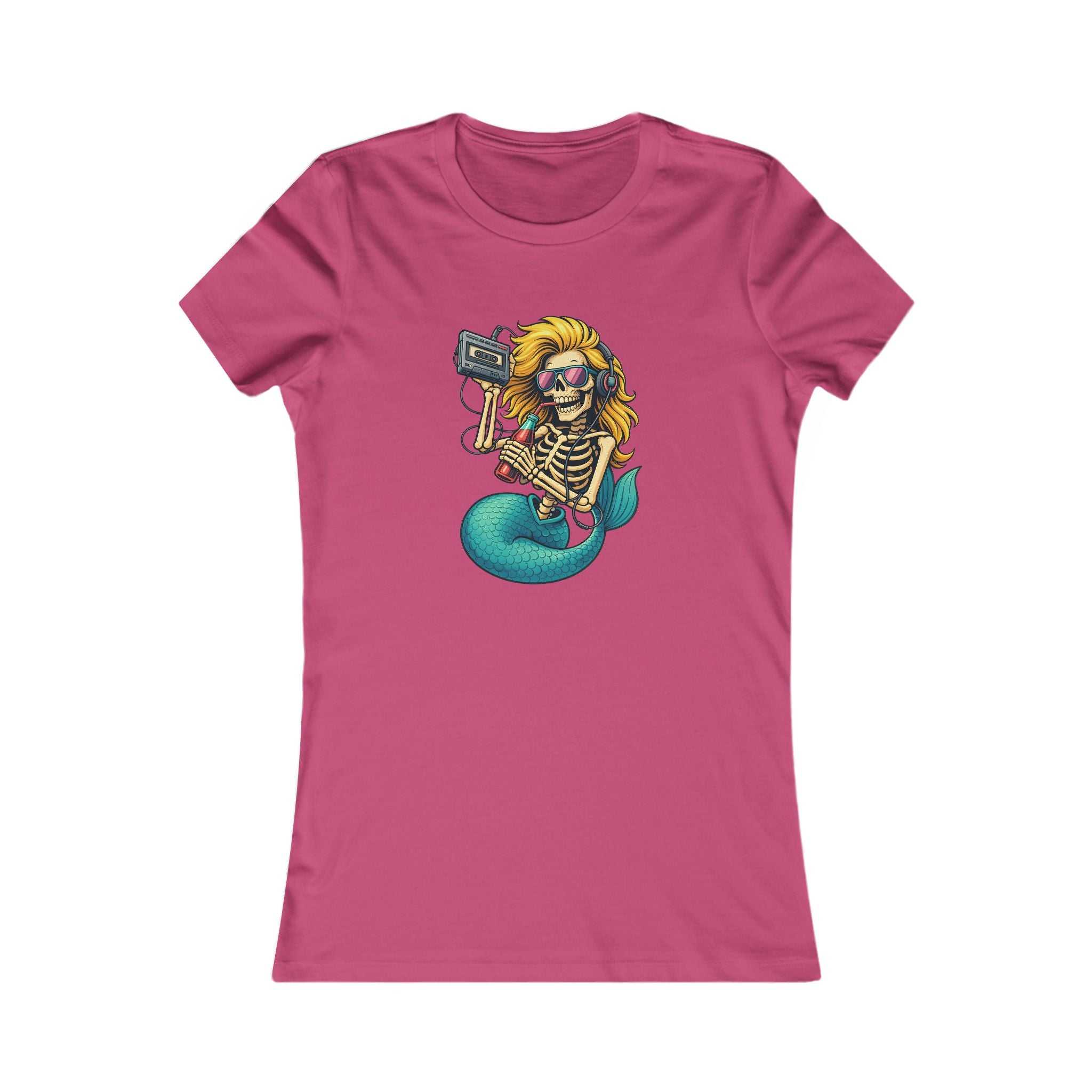 Women's Mermaid Skull Tee with edgy surfing skeleton graphic and mermaid accents on navy cotton shirt
