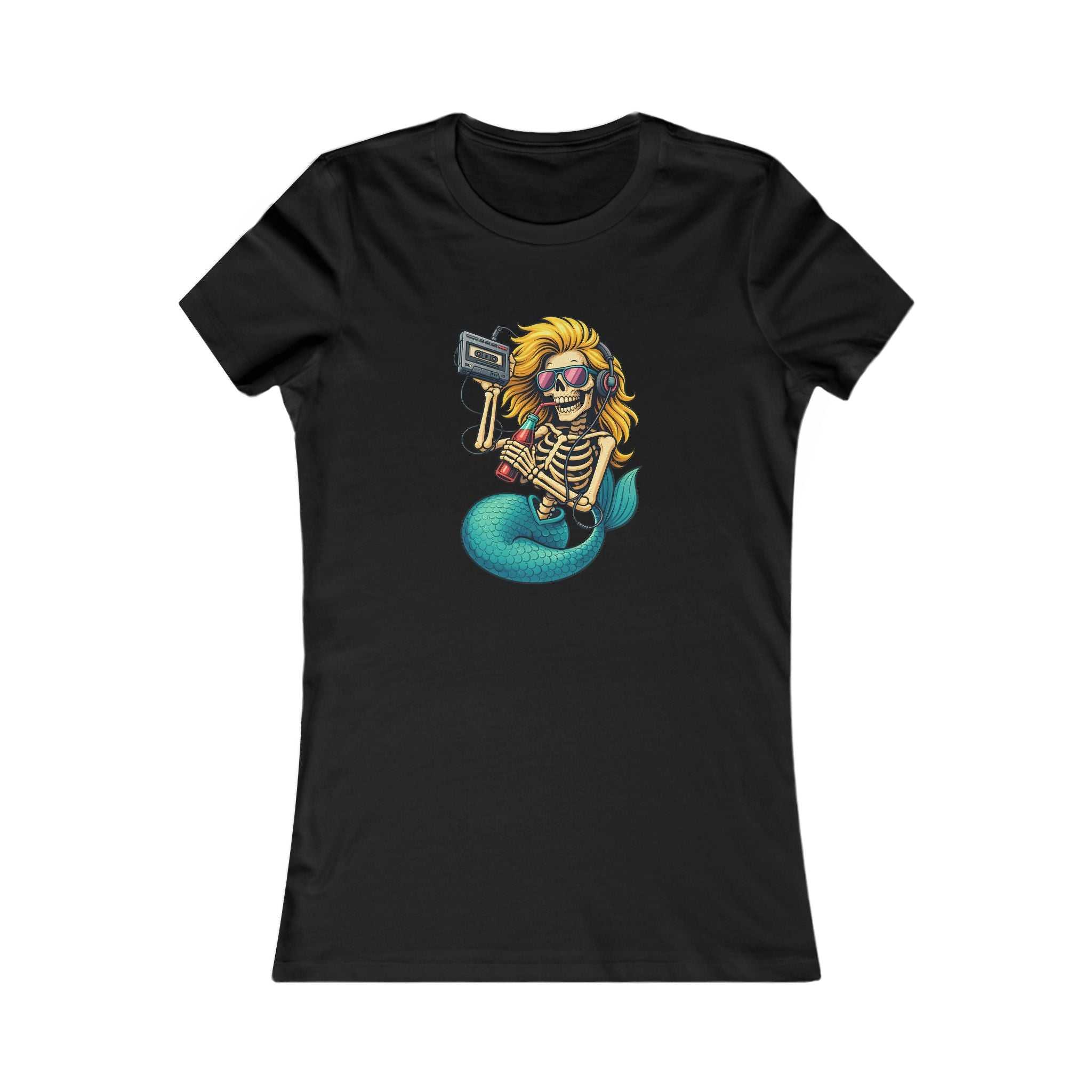 Women's Mermaid Skull Tee featuring edgy mermaid skull graphic in navy, black, or natural tones, perfect casual coastal rebel style shirt for women