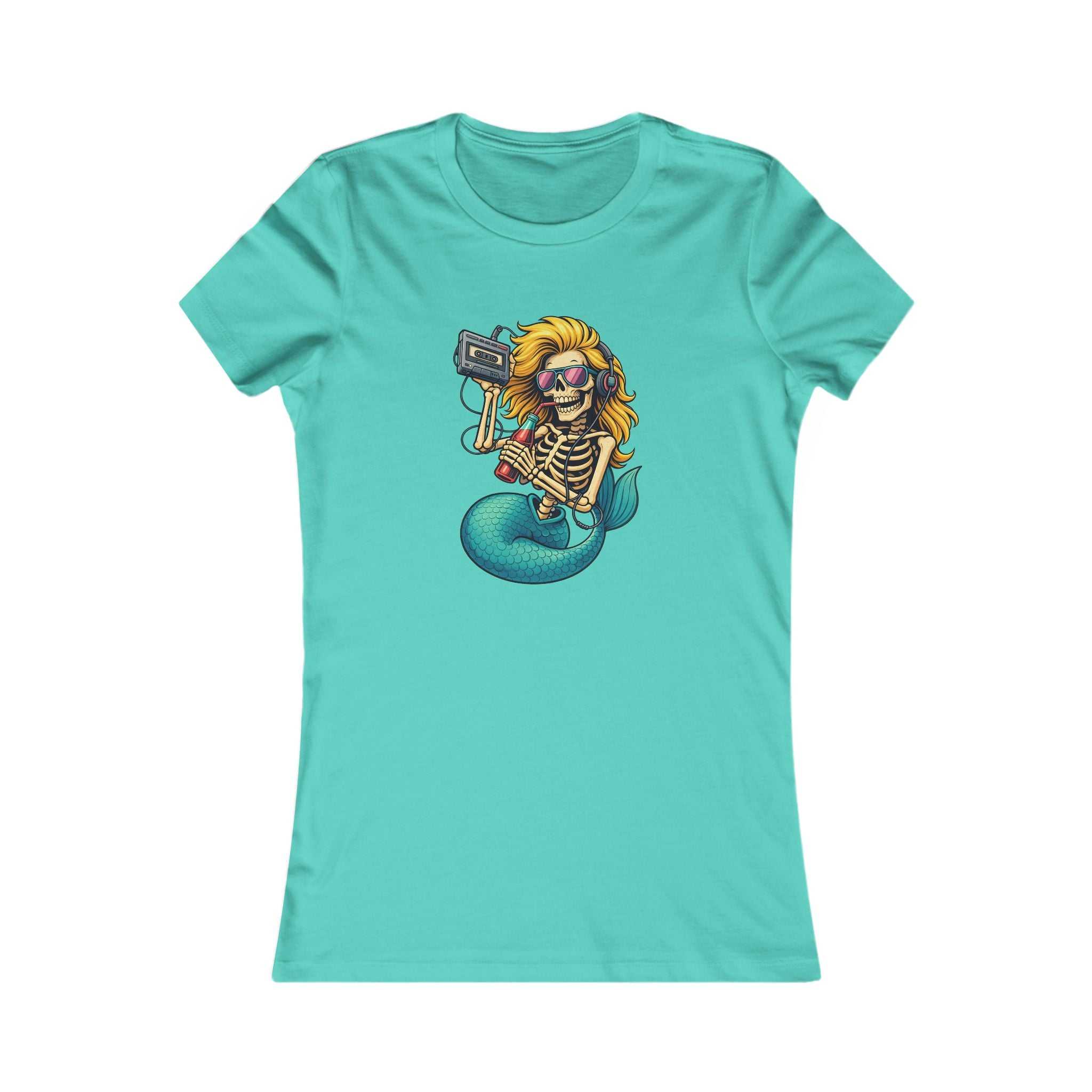 Women's Mermaid Skull Tee featuring edgy surfing skeleton graphic on soft cotton shirt