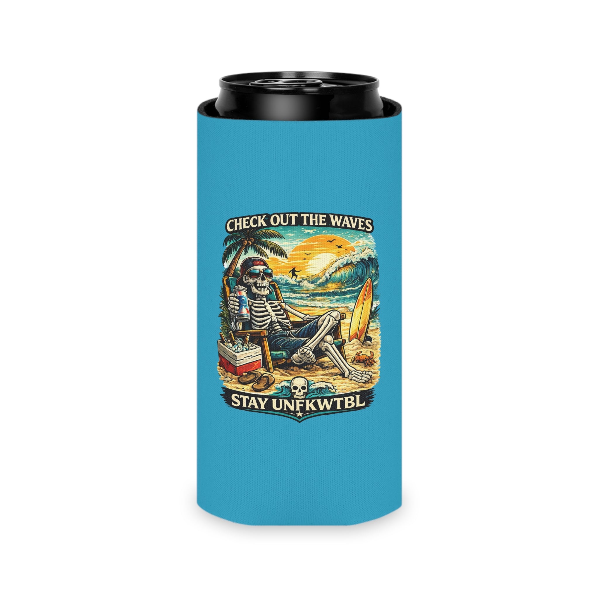 Can Cooler — 'Stay Cold / Check Out the Waves' Surf Skeleton Drink Koozie