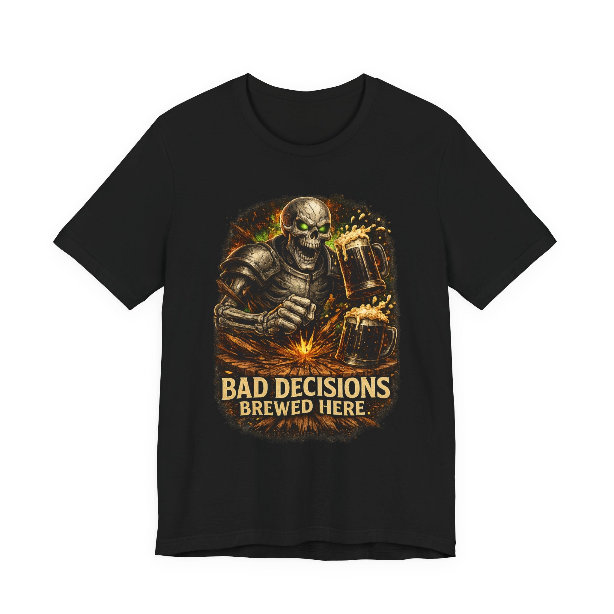 Graphic Tee — 'Bad Decisions Brewed Here' Skeleton Beer Shirt