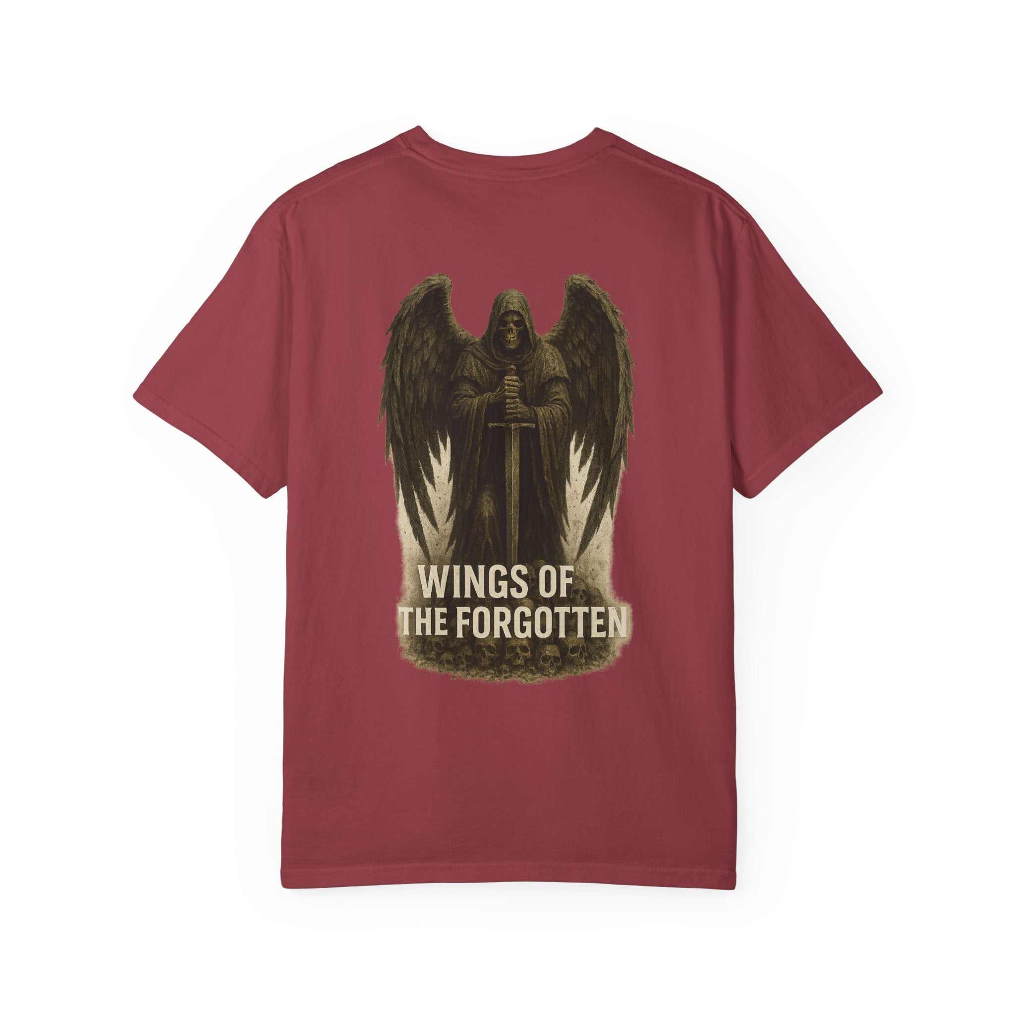 Unisex maroon tee with Death Angel Wings graphic and Wings of the Forgotten text honoring fallen heroes