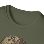 Close-up of olive green Atlas Strength Unisex Softstyle T-Shirt featuring a bold graphic design on soft ring-spun cotton fabric with a classic crew neckline.