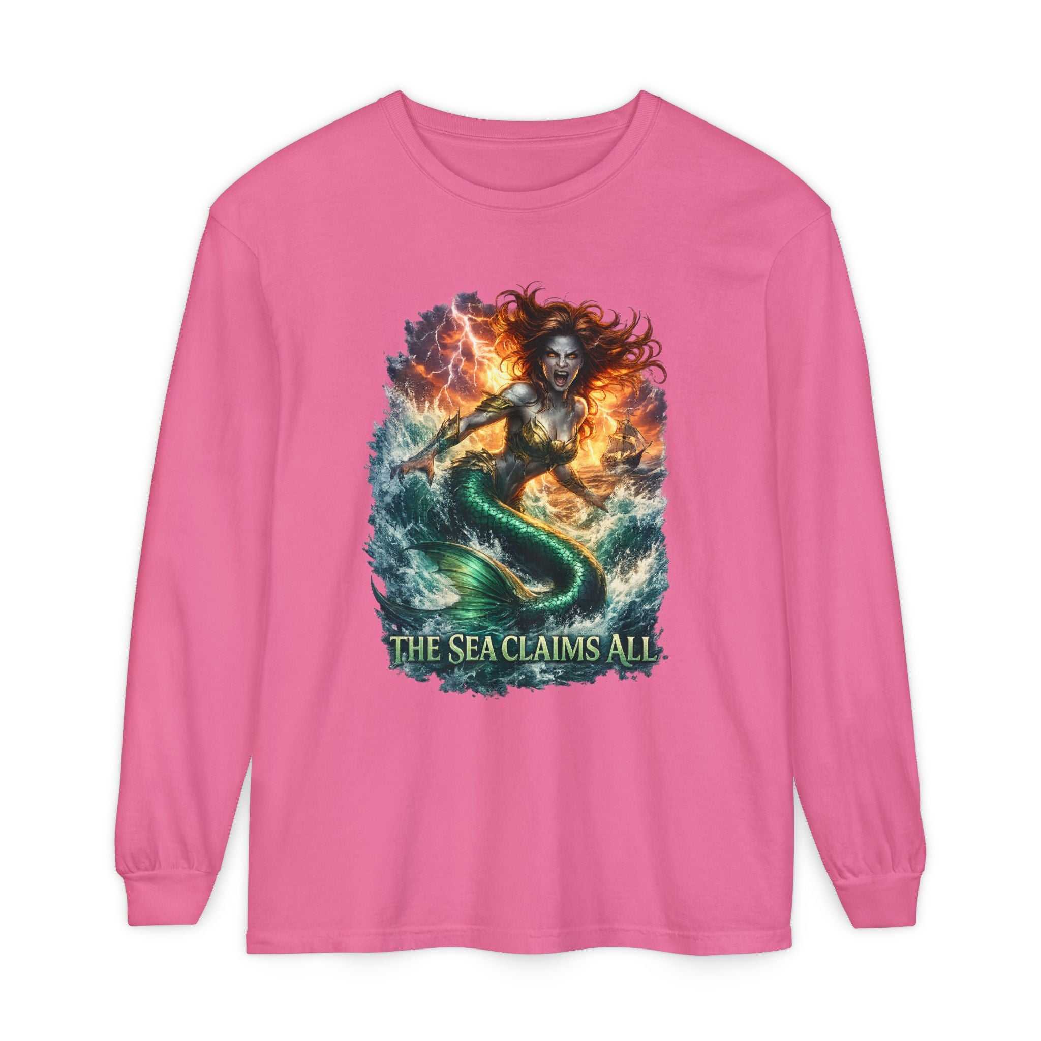 Mermaid Graphic Long Sleeve Tee — "The Sea Claims All" Nautical Fantasy Shirt