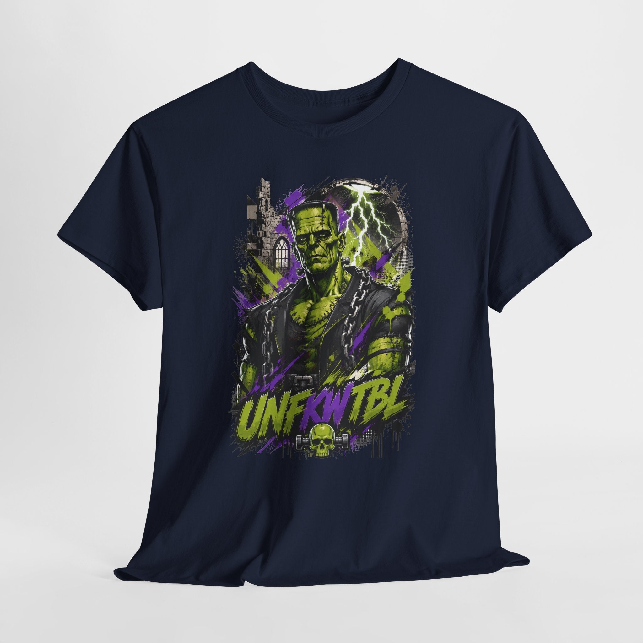 Frankenstein Monster Abstract Tee — "UNFKW TBL" Neon Horror Graphic Shirt