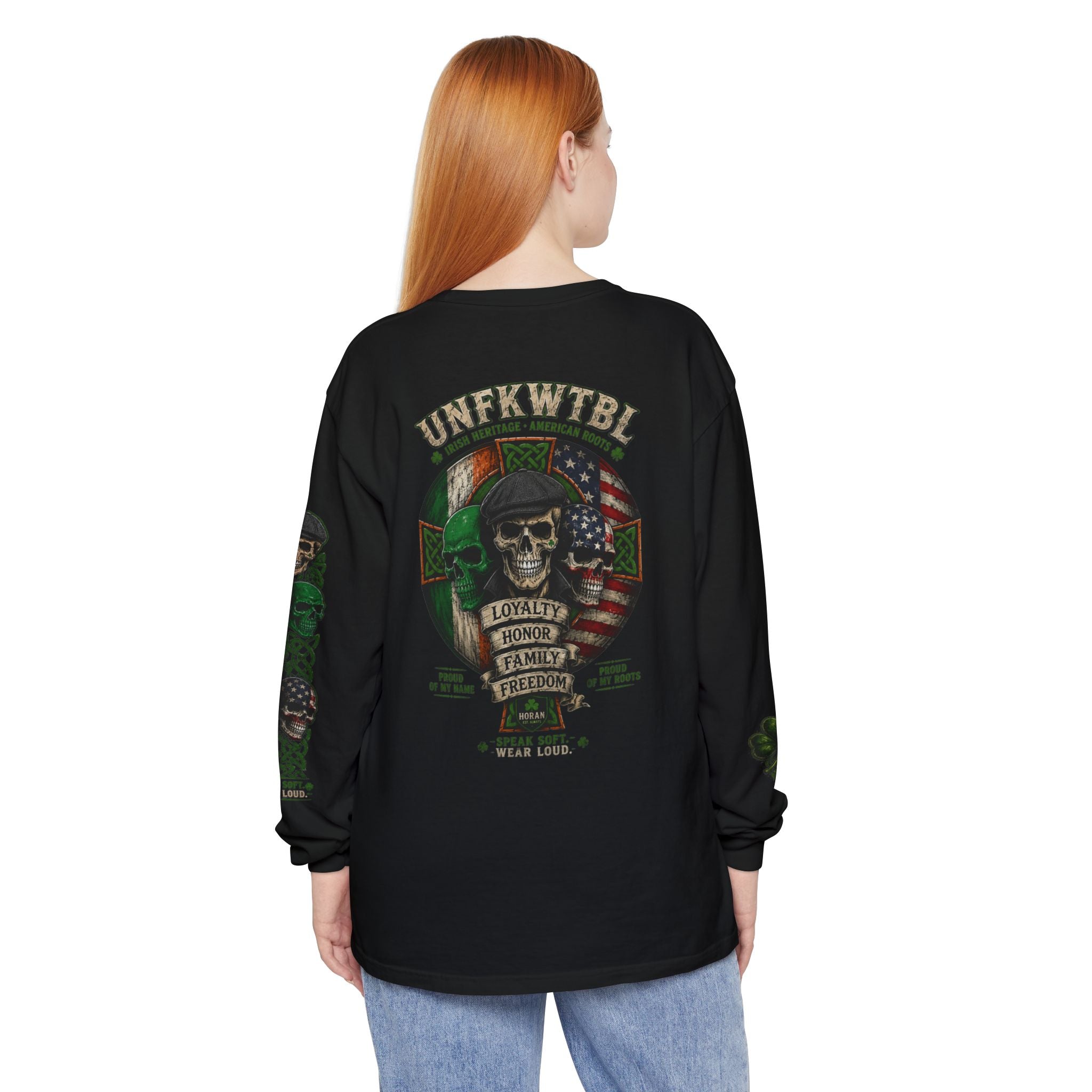 Skull & Flags Long Sleeve T-Shirt — Loyalty Honor Family Freedom