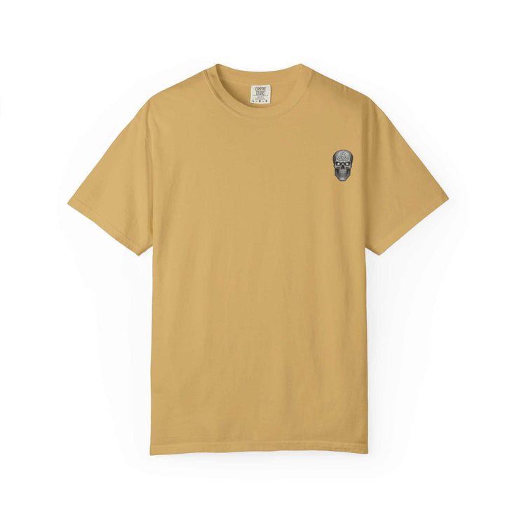 tan unisex t-shirt with small skull graphic featuring killer cocktails design