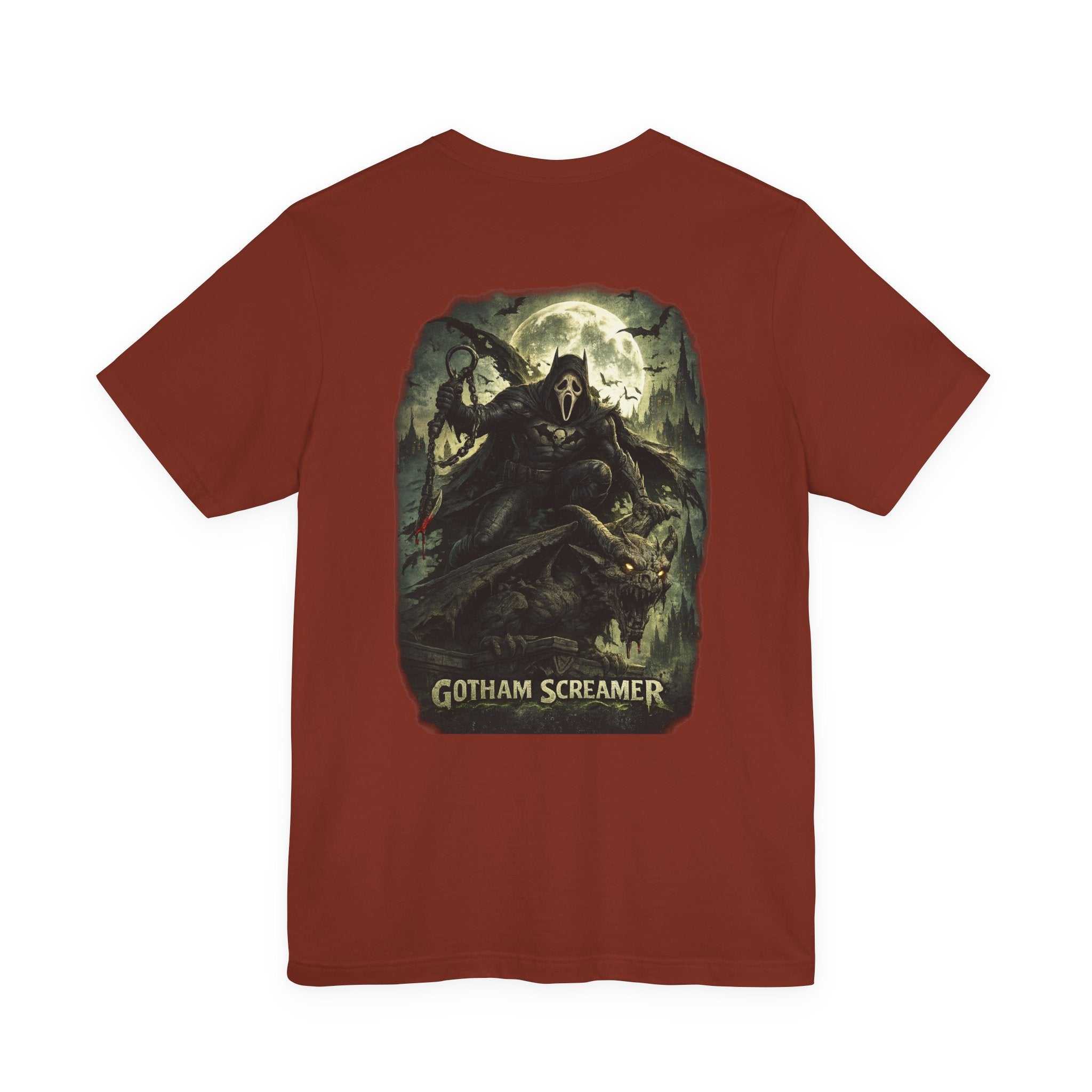 Gotham Screamer T‑Shirt vintage gothic horror graphic tee with creepy cityscape and shadowy figures under full moon
