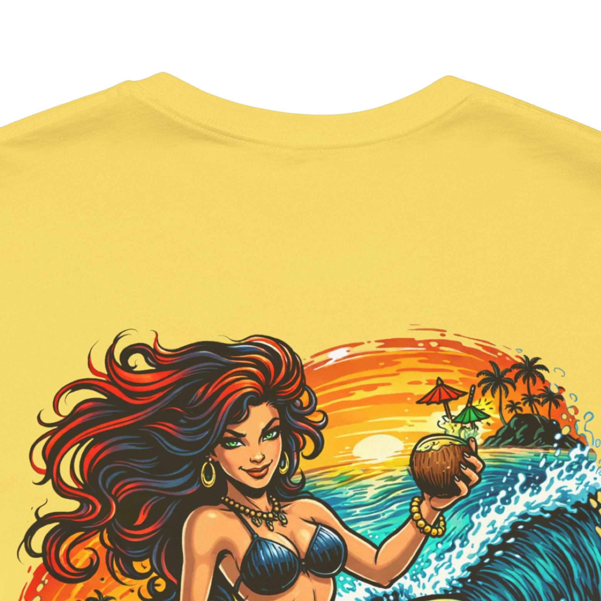 Mermaid Surfer T-Shirt with vibrant retro beach surf graphic and breathable cotton design