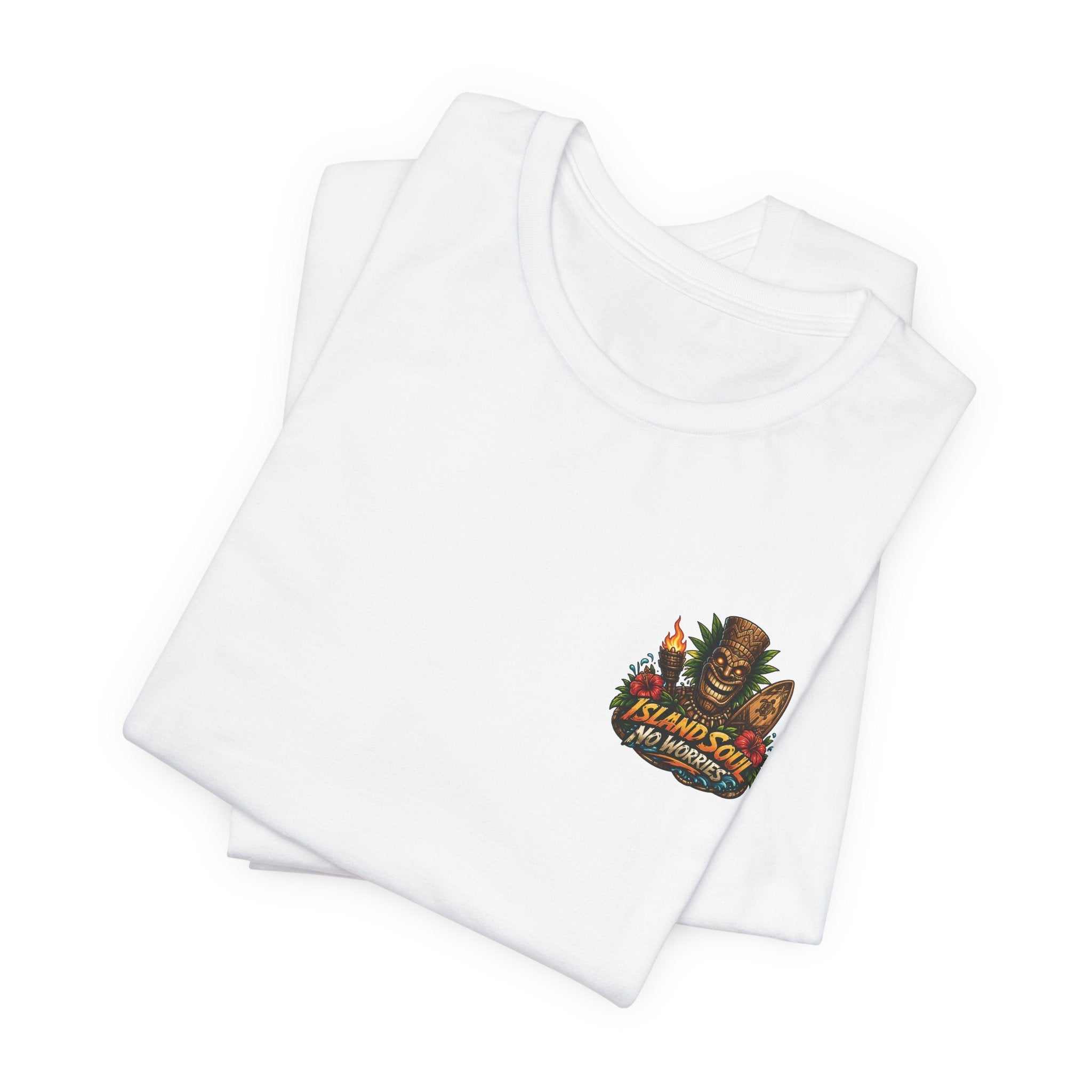 Tropical Tiki Tee with tiki, hibiscus flowers, and waves on back, perfect tropical island summer shirt