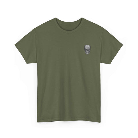 Olive green t-shirt with small skull and sword design symbolizing honor, strength, and courage