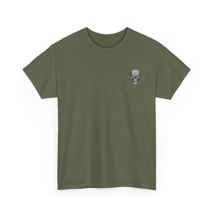 Olive green t-shirt with small skull and sword design symbolizing honor, strength, and courage