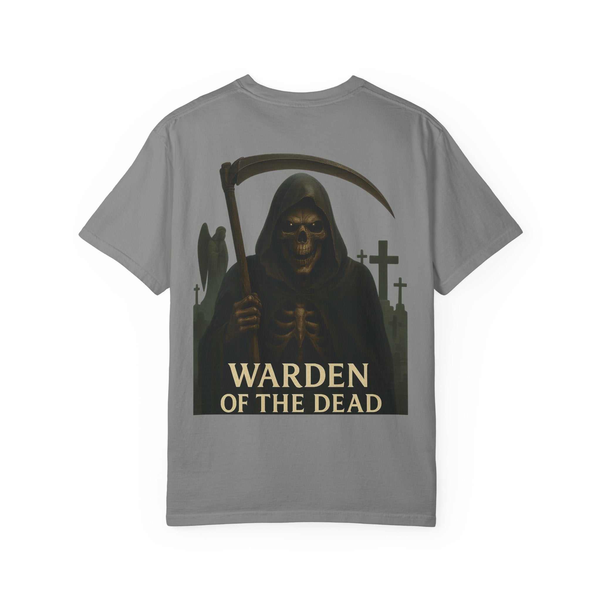 Gray unisex t-shirt with Warden of the Dead grim reaper graphic on back, casual streetwear Halloween costume tee
