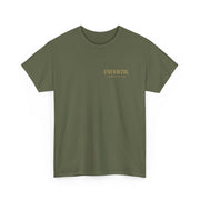 Olive green unisex heavy cotton t-shirt with small gold UNFKWTBL Company Inc logo, inspired by Michael Myers Calm Before the Kill Halloween design