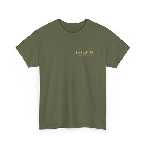 Olive green unisex heavy cotton t-shirt with small gold UNFKWTBL Company Inc logo, inspired by Michael Myers Calm Before the Kill Halloween design